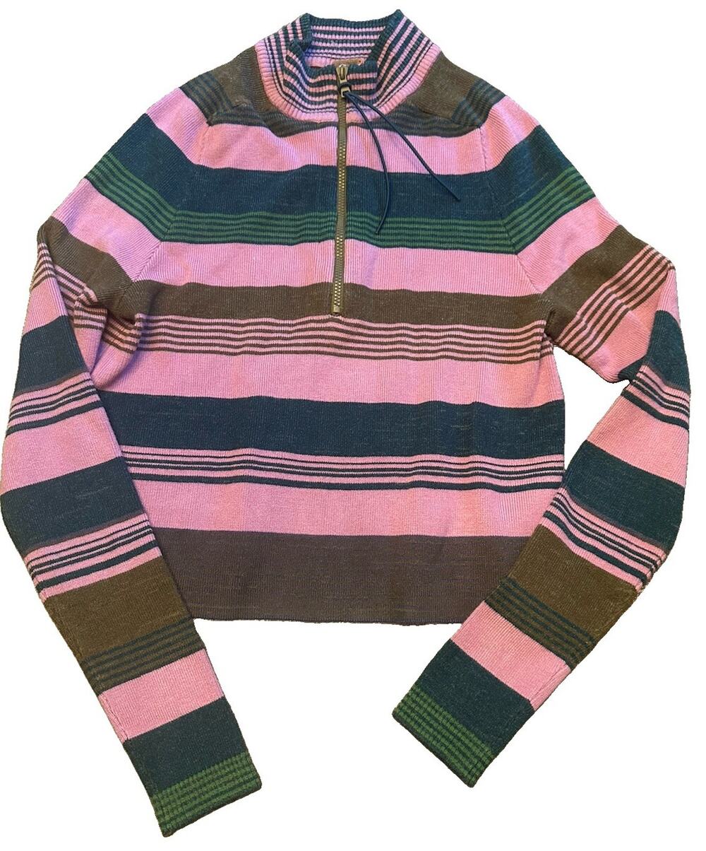 Free People Striped Half Zip Sweater Small S Olive Pink Navy Pullover Collar